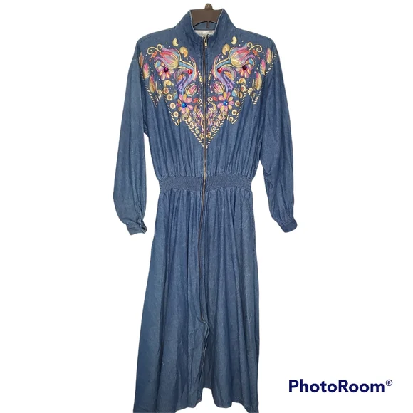 Vintage Dresses | Vintage 80s Denim Jean Long Sleeve Jeweled Bedazzled Zip Front Dress | Color: Blue/Gold | Size: M | Katiejdollface1's Closet Vintage Dresses | Vintage 80s Denim Jean Long Sleeve Jeweled Bedazzled Zip Front Dress | Color: Blue/Gold | Size: M | Katiejdollface1's Closet